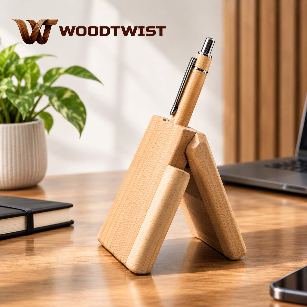 Premium Wooden Pen Stand – Natural Wood Finish