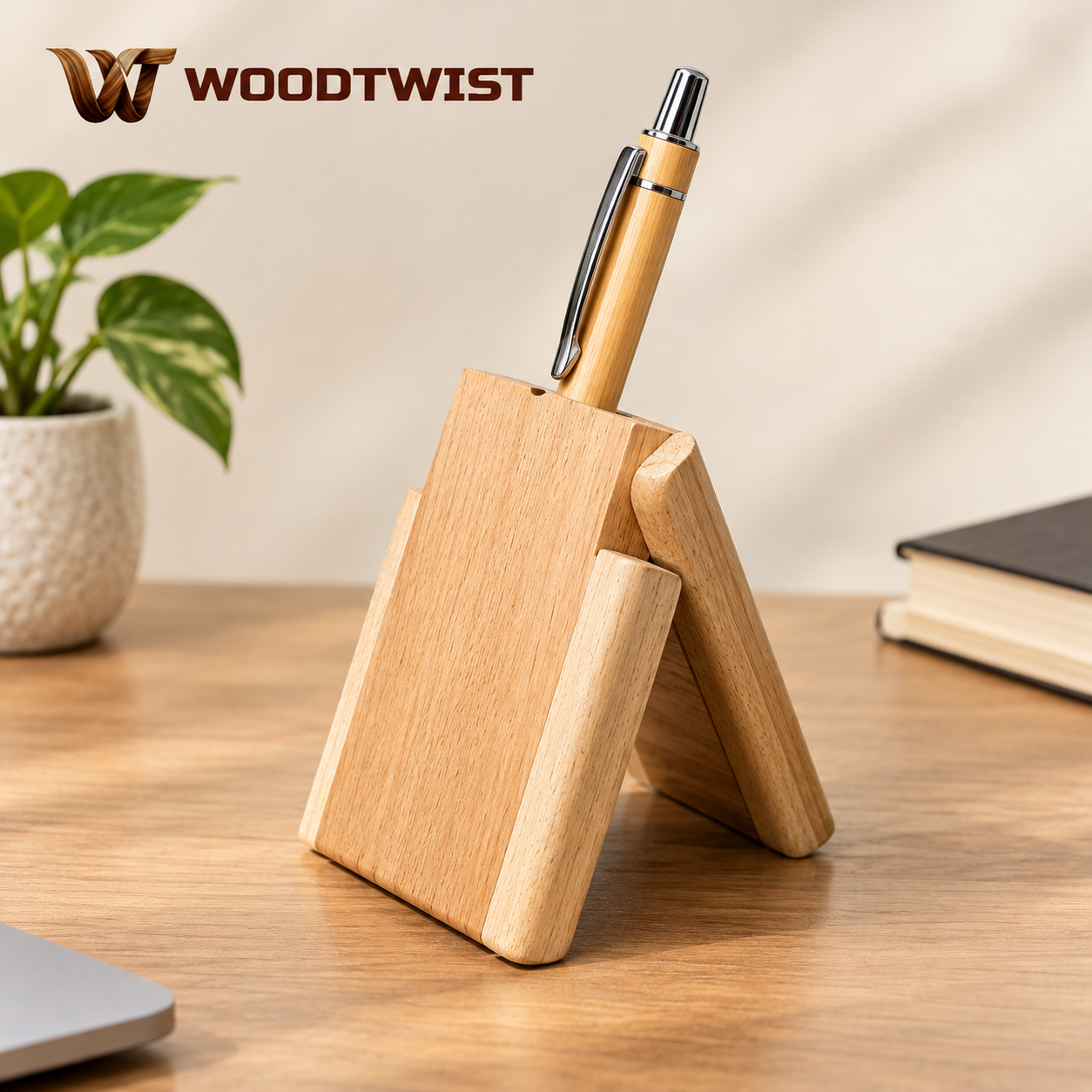Premium Wooden Pen Stand – Natural Wood Finish